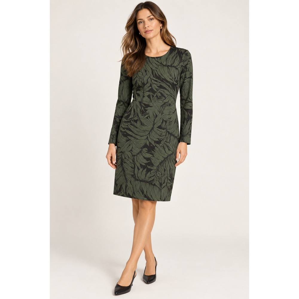 Club Monaco Womens Silk Blend Sheath Dress 6 Green Black Print Long Sleeve Work